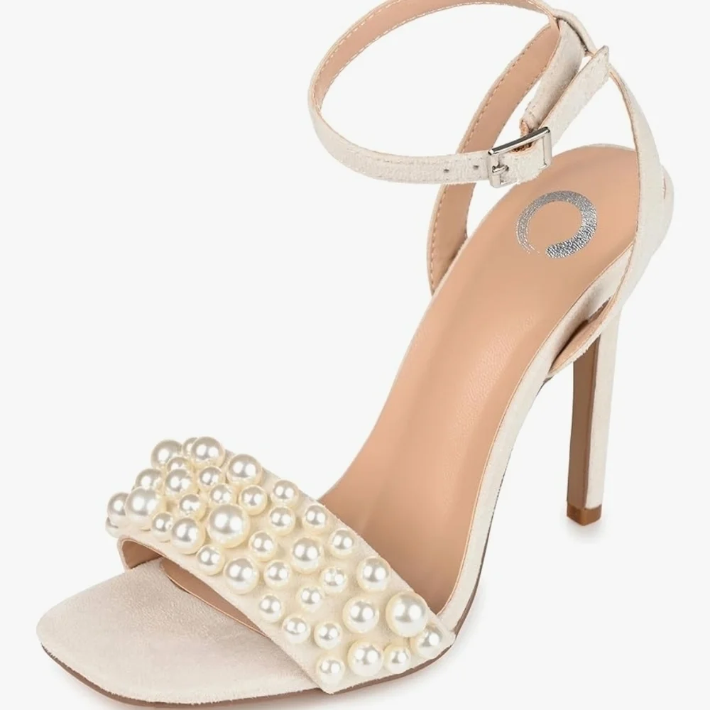 Journee Collection Nude Cream Beige Microsuede Pearl Heel Sandals SZ 9.5 M